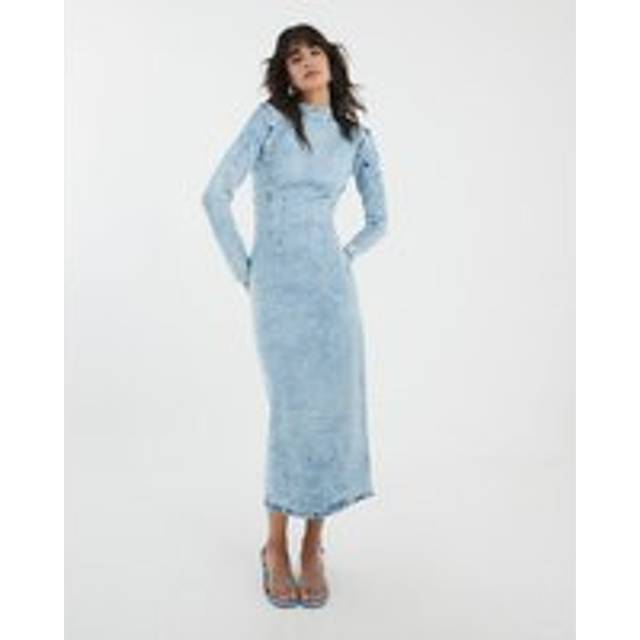 River Island Womens Blue Denim Long Sleeve Acid Wash Midi Dress - 14