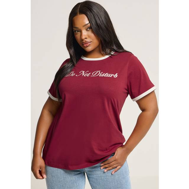 Yours Curve Red 'Do Not Disturb' Embroidered Slogan Ringer Tshirt, Women's Curve & Plus Size, Yours - 38-40