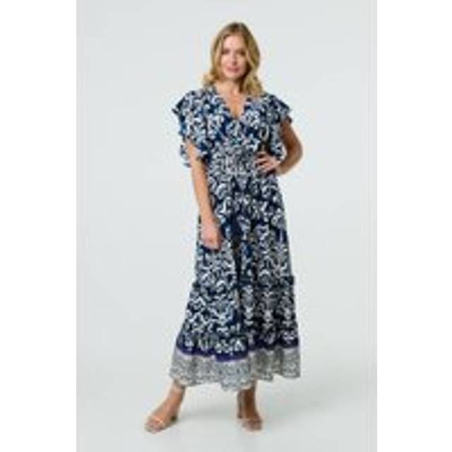 Izabel London Mosaic Print Ruffle Batwing Sleeve Maxi Dress - Navy - 12-14
