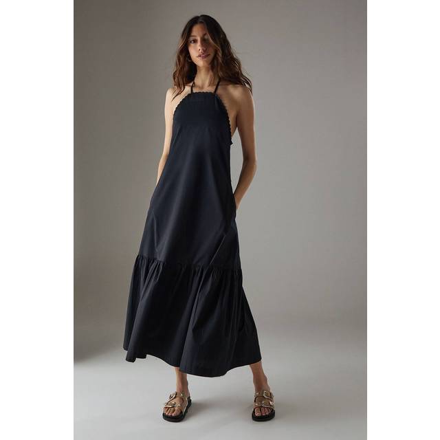 Womens Poplin Crochet Trim Drop Waist Midi Sundress - black - Black - 6