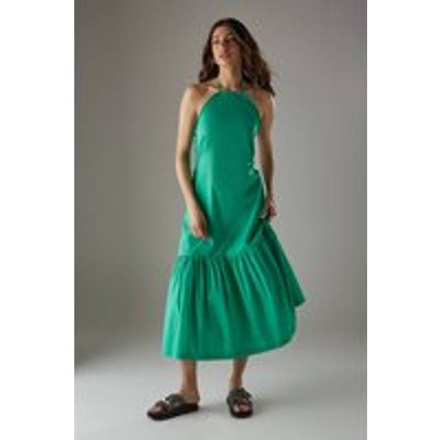 Womens Poplin Crochet Trim Drop Waist Midi Sundress - green - Green - 8