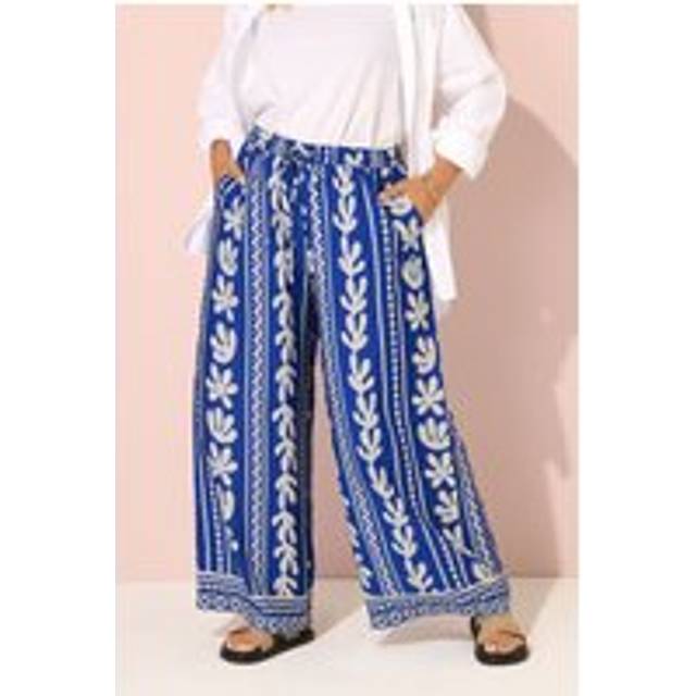 Yours Curve Cobalt Blue Aztec Leaf Wide Leg Trousers, Women's Curve & Plus Size, Yours - 34-36