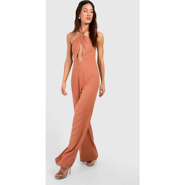 Womens Tall Linen Look Gold Trim Halterneck Wide Leg Jumpsuit - Orange - 16, Orange