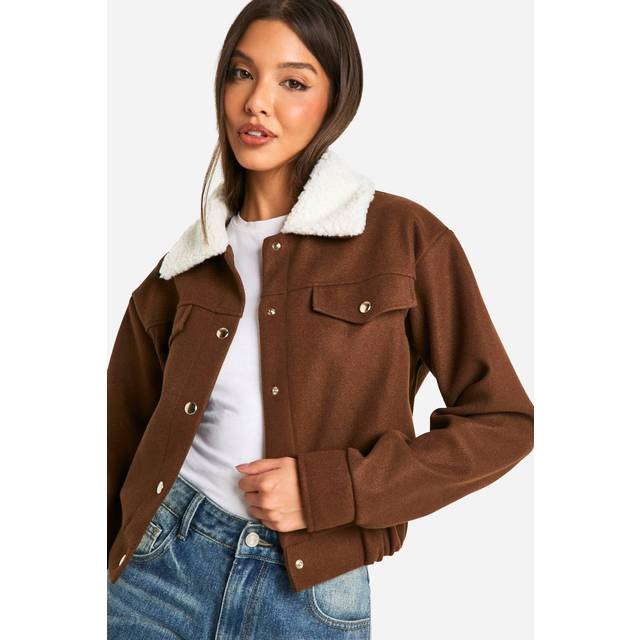 Womens Teddy Collar Wool Look Jacket - Brown - 14