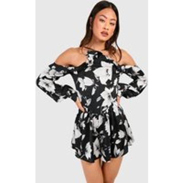 Womens Tall Satin Floral Halterneck Ruffle Playsuit - Black - 14, Black