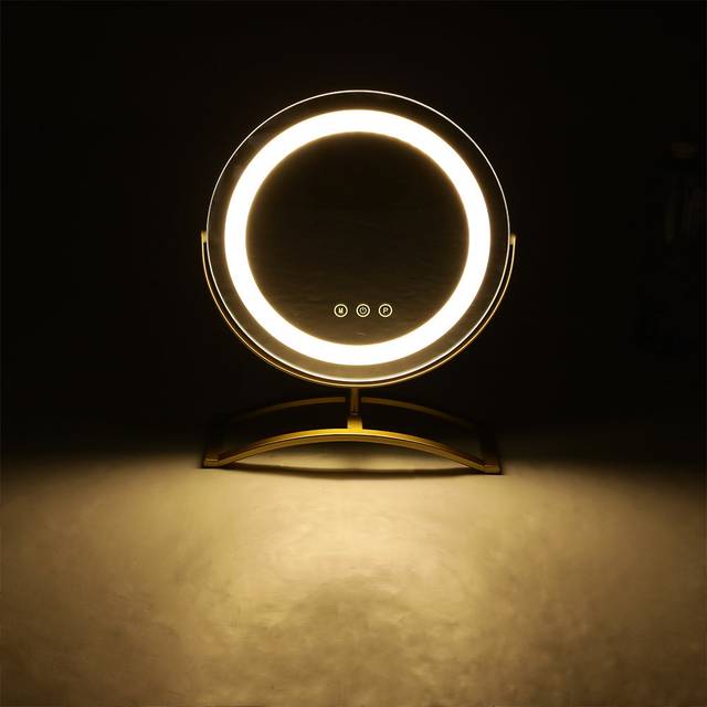 Desktop Gold Round LED Tricolor Makeup Mirror with Lights (30cm H X 25cm W X 10cm D)