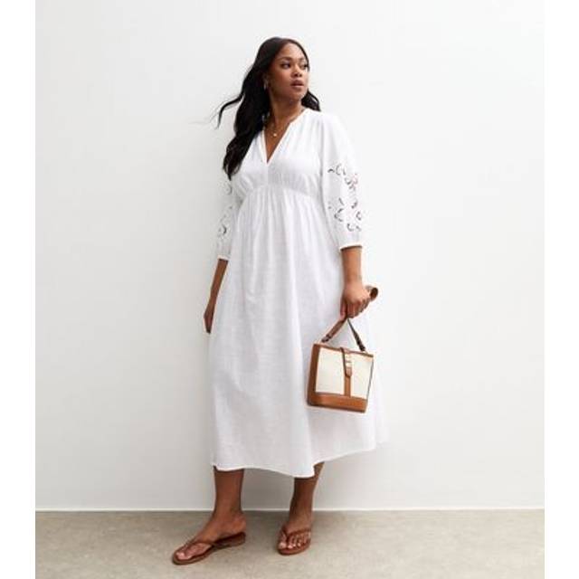 New Look Women's Plus Size White Embroidered Sleeve Midi Smock Dress Curves - UK 26