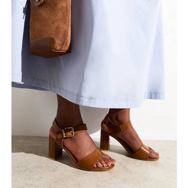 New Look Women's Wide Fit Camel Faux Leather Block Heel Sandals Vegan - Size 6 - Wide Fit