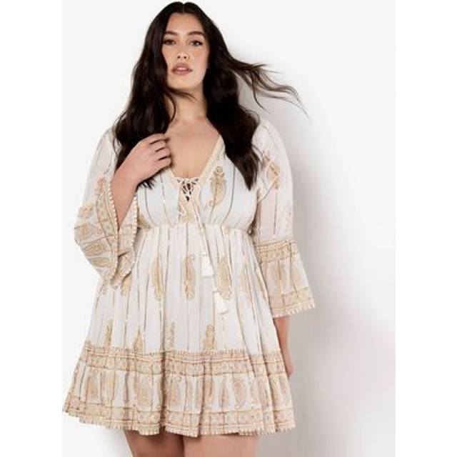 Apricot Women's Plus Size Curve Cream Metallic Pattern Bell Sleeve Dress Curves New Look - UK 22
