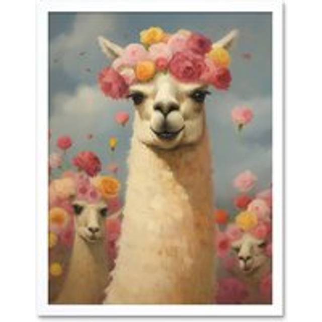 Wall Art Print The Llama Wedding Rose Bloom Flower Headdress Fun Artwork Kids Bedroom Art Framed - White - W12 inch x H16 inch