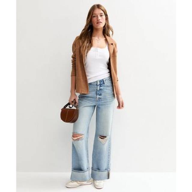New Look Women's Light Blue Ripped Knee Wide Leg Turn Up Jeans - 18L32
