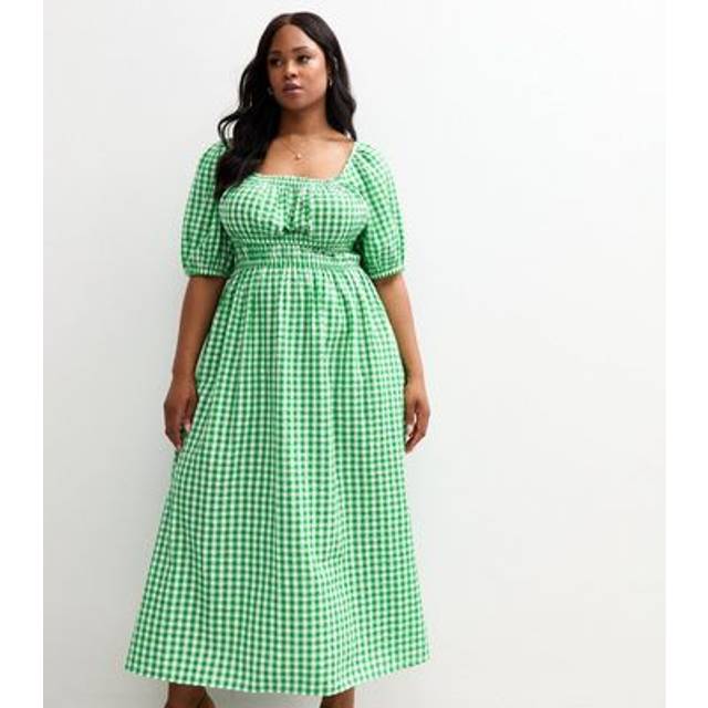 New Look Women's Plus Size Green Gingham Print Textured Milkmaid Midi Dress Curves - UK 24
