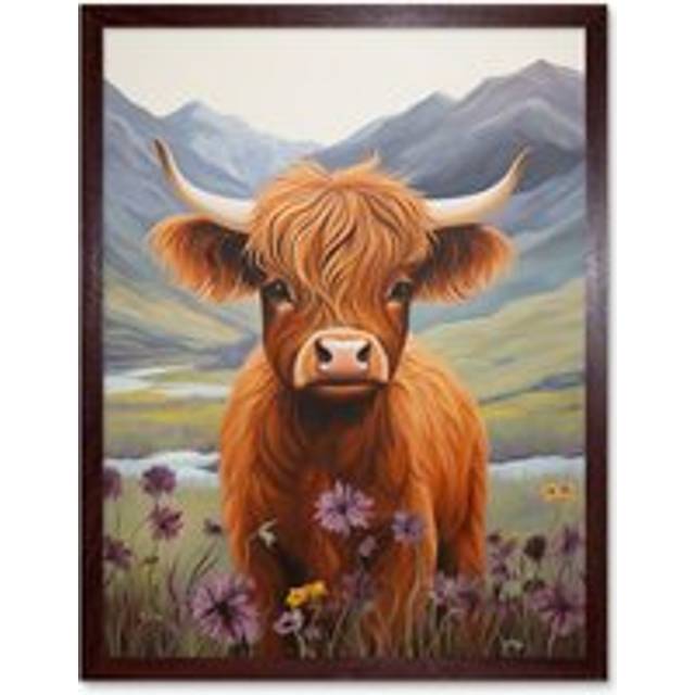 Wall Art Print Kids Bedroom Nursery Artwork Highland Calf Cow in Heather and Cornflower Glen Scotland Art Framed - Brown - W12 inch x H16 inch