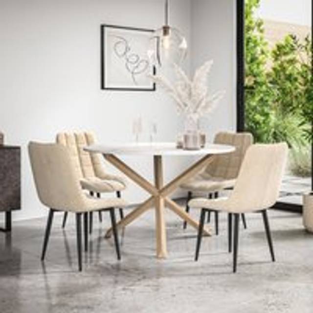 (Beige) Malvern Round Marble Effect Dining Table Set w Oak Legs w 4-6 Nova Velvet Chair