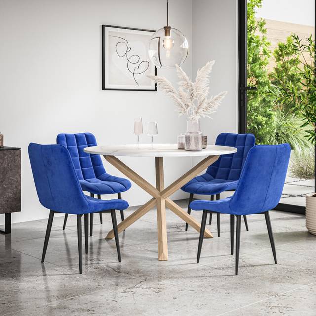 (Blue) Malvern Round Marble Effect Dining Table Set w Oak Legs w 4-6 Nova Velvet Chair