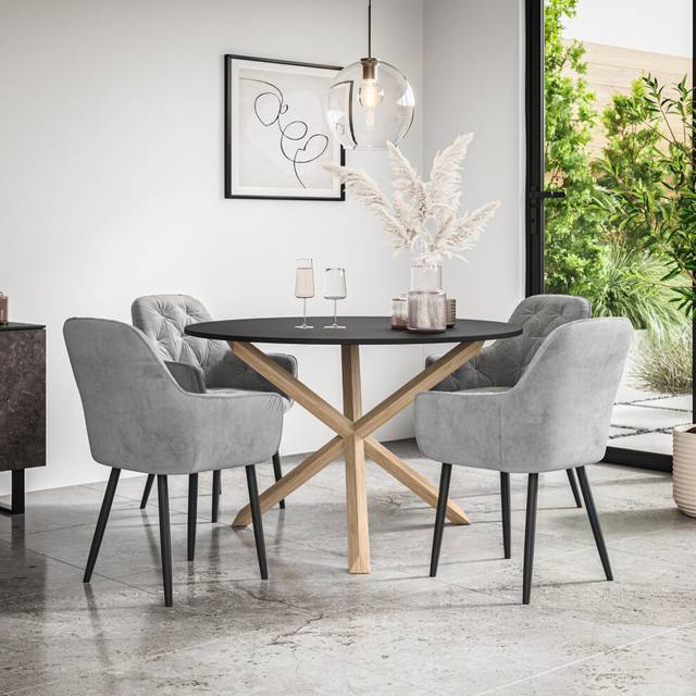 (Grey) Malvern Round Black Dining Table Set w Oak Legs w 4 Anika Velvet Chairs