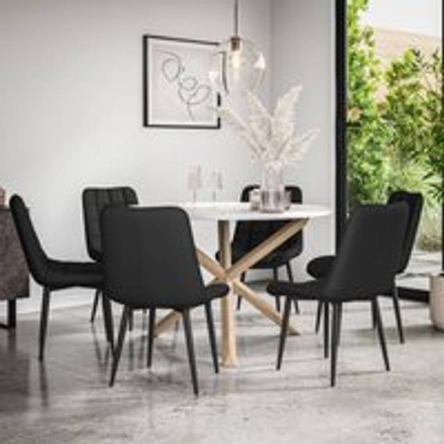 (Black) Malvern Round Marble Effect Dining Table Set w Oak Legs w 4-6 Nova Dining Chairs