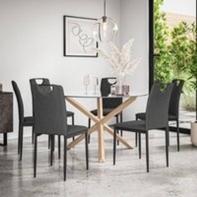 (Charcoal) Malvern Round Glass Dining Table Set w Solid Oak Legs w 4-6 Monza Linen Chair