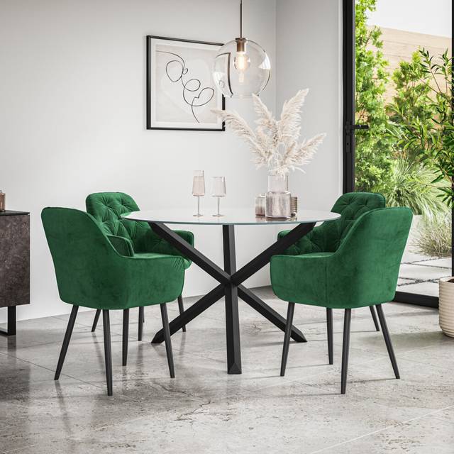 (Green) Malvern Round Glass Dining Table Set w Black Oak Legs w 4 Anika Velvet Chairs