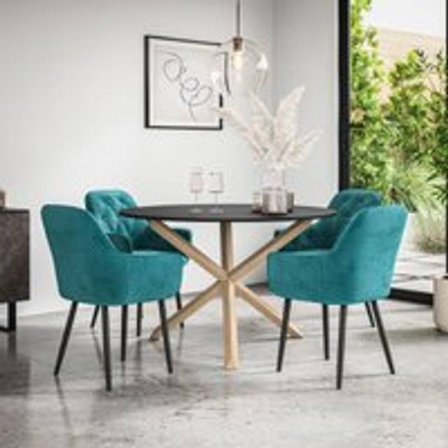 (Blue) Malvern Round Black Dining Table Set w Oak Legs w 4 Anika Velvet Chairs