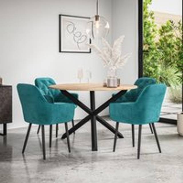 (Blue) Malvern Round Oak Effect Dining Table Set Black Oak Legs w 4 Anika Velvet Chair