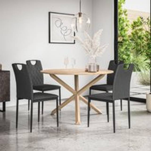 (Charcoal) Malvern Round Oak Effect Dining Table Set w Oak Legs w 4-6 Monza Linen Chair