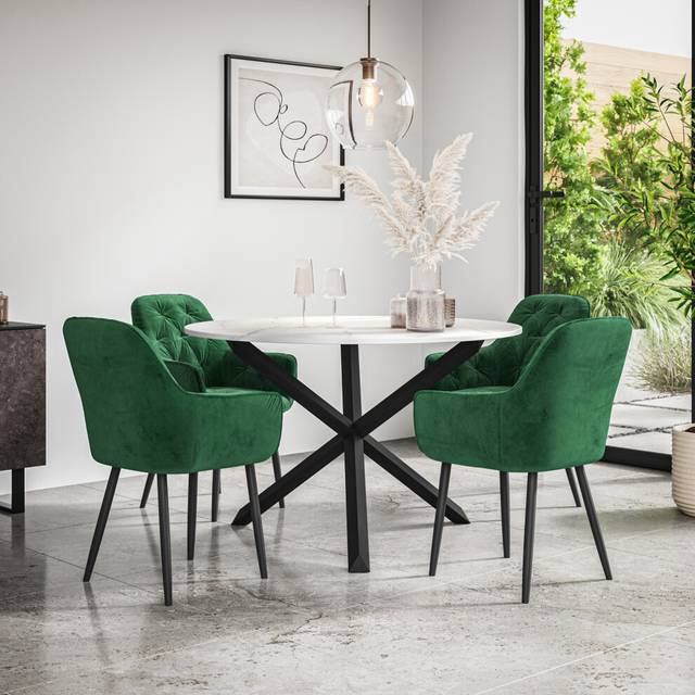 (Green) Malvern Round Marble Effect Dining Table Set Black Oak Legs 4 Anika Velvet Chair