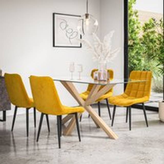 (Mustard) Etta Glass Dining Table Set w Solid Oak Legs w 4-6 Nova Velvet Chair