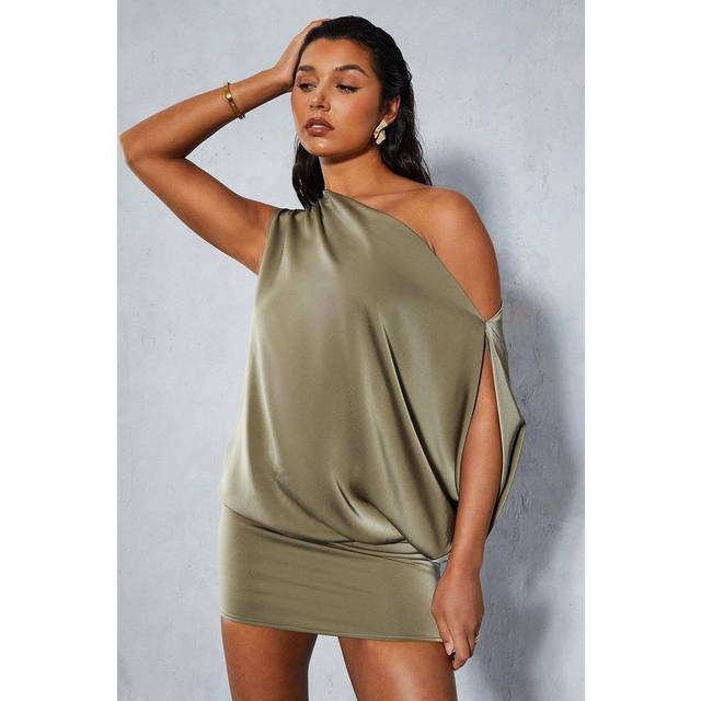 Satin Off Shoulder Asymmetric Bodycon Mini Dress - Khaki - 8
