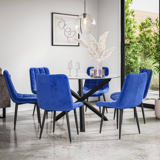(Blue) Malvern Round Glass Dining Table Set w Black Oak Legs w 4-6 Nova Velvet Chair