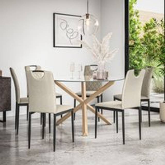 (Beige) Malvern Round Glass Dining Table Set w Solid Oak Legs w 4-6 Monza Linen Chair