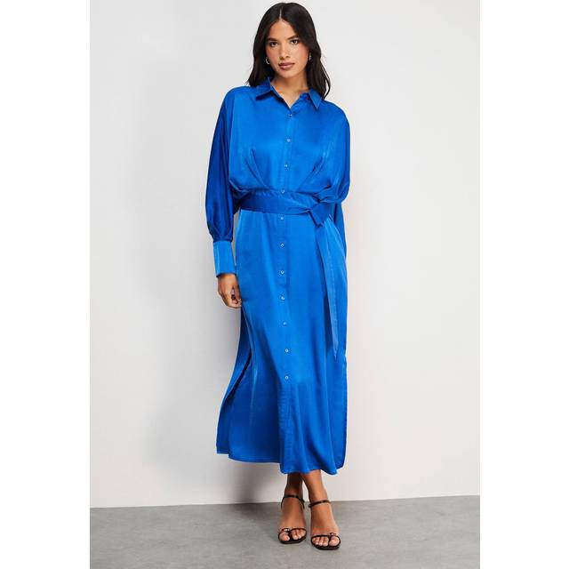 Satin Batwing Split Side Midi Shirt Dress - Cobalt - 14