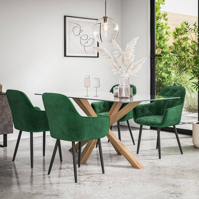 (Grey) Etta Glass Dining Table Set w Solid Oak Legs w 4-6 Anika Velvet Chair