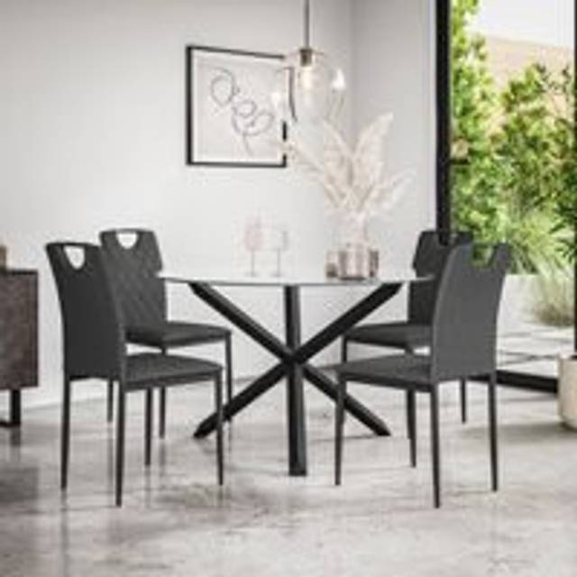 (Charcoal) Malvern Round Glass Dining Table Set w Black Oak Legs w 4-6 Monza Linen Chair