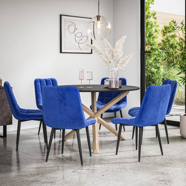 More4Homes Malvern Round Dining Table And Chairs -  Black Table Top W Solid Oak Legs + Nova Velvet Dining Chair Set Of 6 (Blue) - One Size