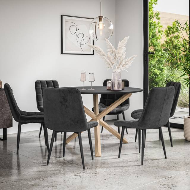 (Black) Malvern Round Black Dining Table Set w Oak Legs w 4-6 Nova Velvet Chair