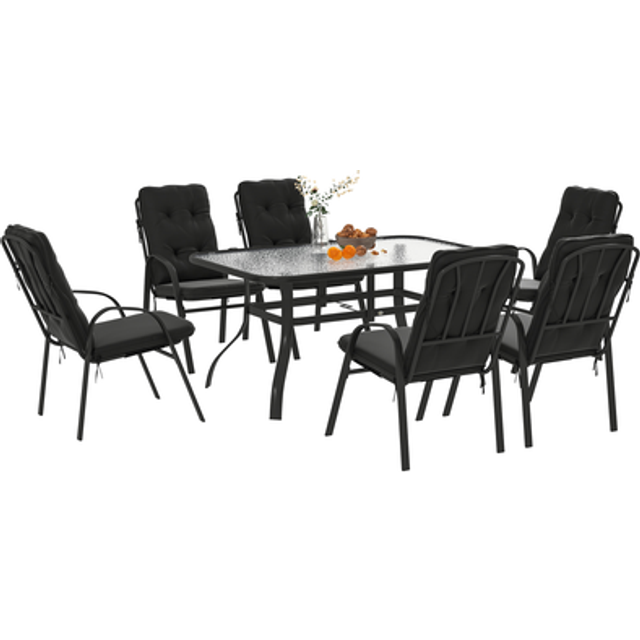 Outsunny 7 PCs Garden Dining Set w/ Umbrella Hole & Cushion, Black, Black