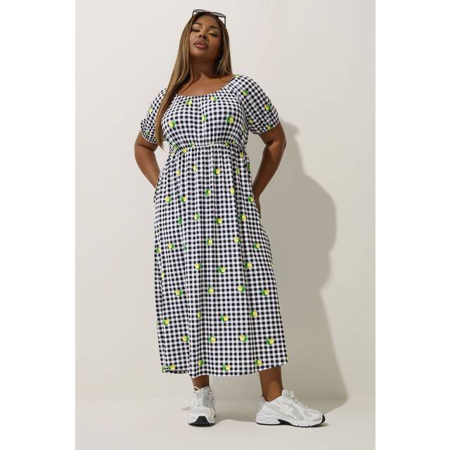 Limited Collection Curve Black Lemon Gingham Print Bardot Dress, Women's Curve & Plus Size, Limited Collection - 14