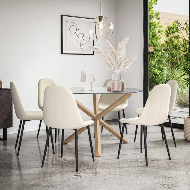 Malvern Round Glass Dining Table Set w Oak Legs w 4-6 Maya Boucle Chair