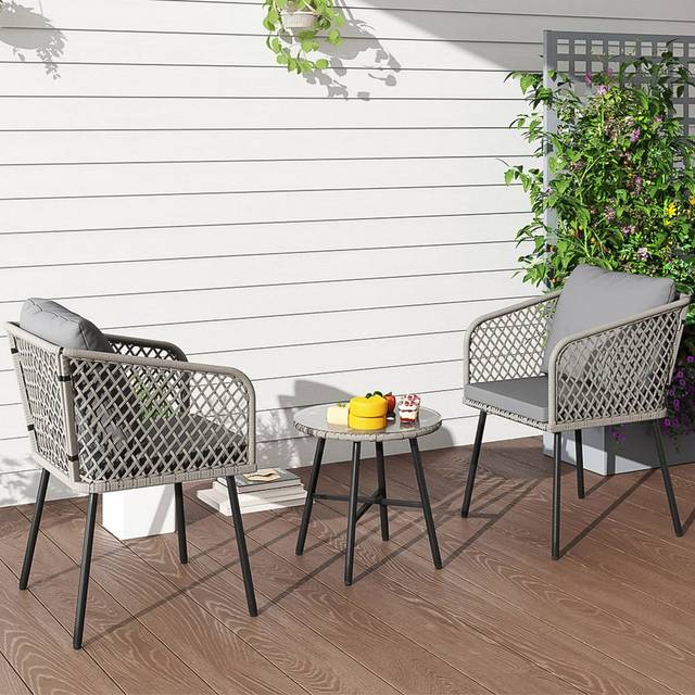 Outsunny 3 Piece Rattan Bistro Set with Cushions, Grey