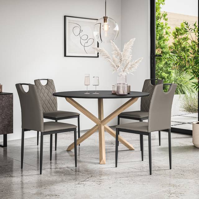 (Grey) Malvern Round Black Dining Table Set w Oak Legs w 4-6 Monza Faux Leather Chair