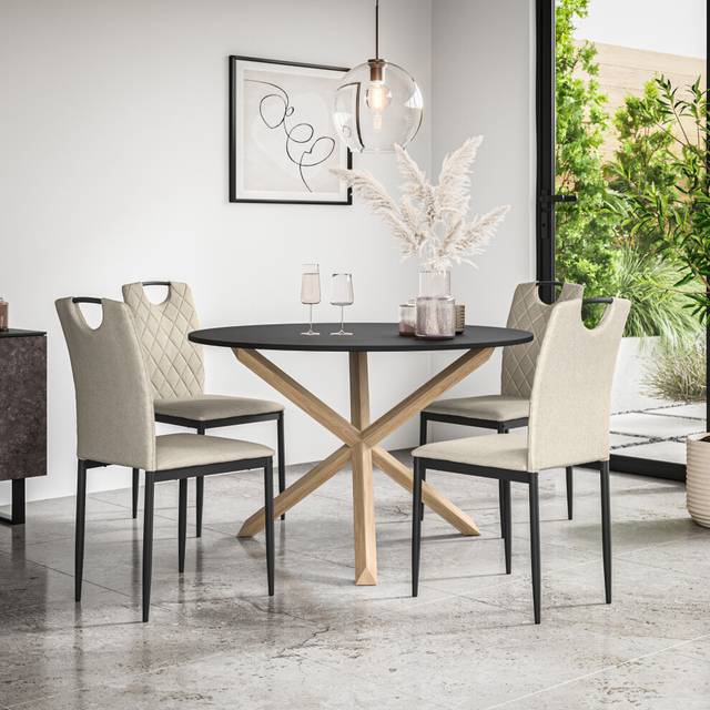 (Beige) Malvern Round Black Dining Table Set w Solid Oak Legs w 4-6 Monza Linen Chair