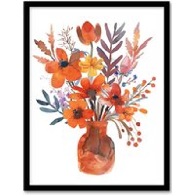 Bright Autumnal Flower Bouquet Vase Watercolour Framed Wall Art - Orange - W12 inch x H16 inch
