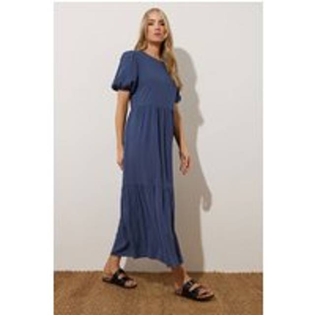 Lts Tall Denim Blue Puff Sleeve Tiered Midaxi Dress 16 Lts | Tall Women's Midaxi Dresses