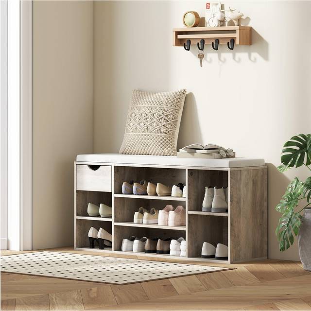 HOMCOM Shoe Storage Cabinet Bench w/ Cushion Adjustable Shelves Grey, Grey