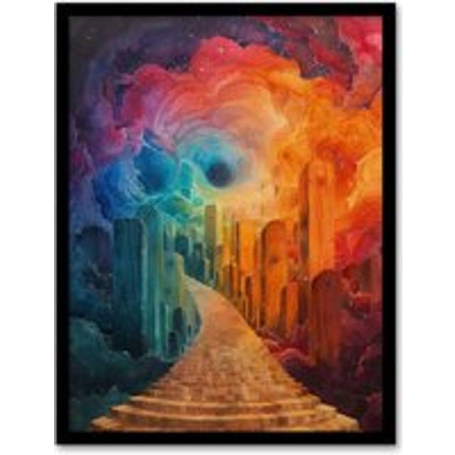 Wall Art Print Rainbow Cloud Portal Heaven Stairway Fantasy Art Framed Poster - Black - W12 inch x H16 inch