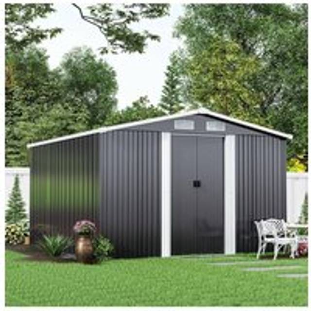 Living And Home 10 X 8 Ft Metal Shed Garden Storage Shed Apex Roof Double Sliding Door With Base Foundation, Charcoal Black - One Size