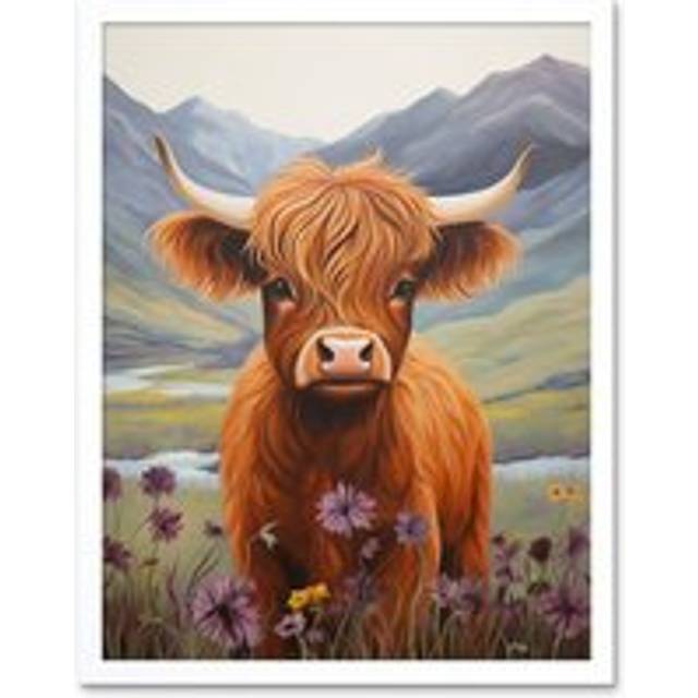 Wall Art Print Kids Bedroom Nursery Artwork Highland Calf Cow in Heather and Cornflower Glen Scotland Art Framed - White - W12 inch x H16 inch