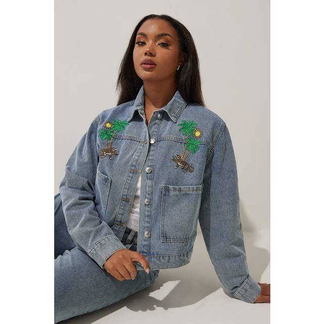 Limited Collection Curve Blue Denim Palm Tree Embroidered Jacket, Women's Curve & Plus Size, Limited Collection - 18