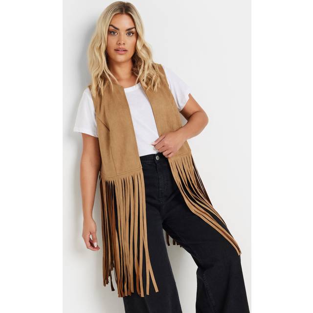 Yours Curve Brown Faux Suede Fringe Waistcoat, Women's Curve & Plus Size, Yours - 18